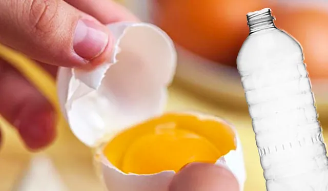 Eggs and a plastic bottle; original archive illustration of a kitchen shortcut, not a safety endorsement.