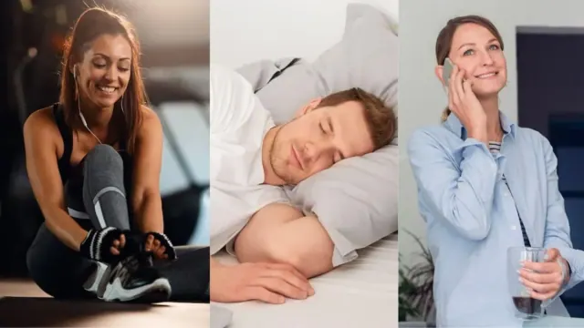 Woman fixing her sneakers in the gym/Man sleeping soundly in bed/Woman smiles as she talks on the phone