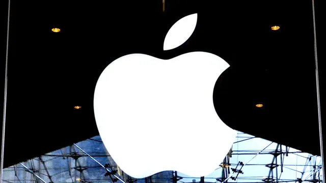 Apple logo on a building; archive photograph.