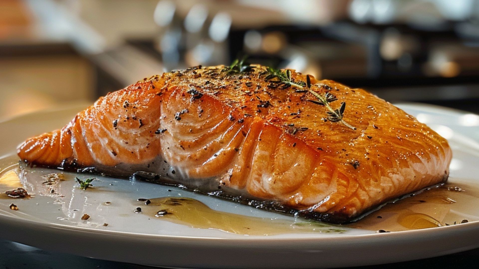 Cooked salmon with lemon on a serving plate